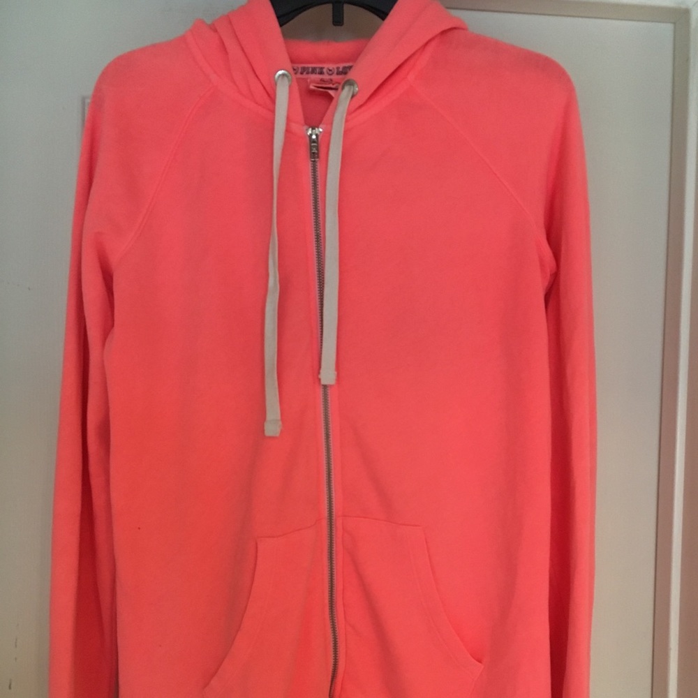 Bright pink PINK zip up hooded sweatshirt